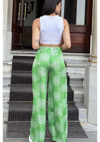 Kadın Yeşil Yeni Stil Etnik Desenli, Beli Lastikli, Salaş Rahat Saten Pantolon fırsatları