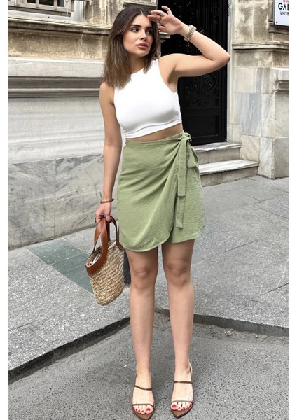 Kadın Haki Çapraz Bağlama Detaylı, Terletmez Pamuklu, Ithal Müslin Kumaş Etek Şort