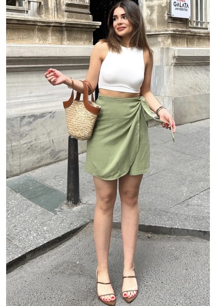 Kadın Haki Çapraz Bağlama Detaylı, Terletmez Pamuklu, Ithal Müslin Kumaş Etek Şort fiyatları