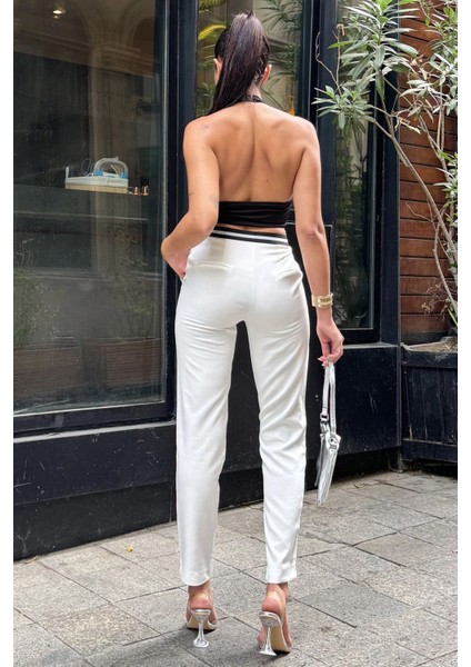 Kadın Ekru Beli Lastikli Şerit Detaylı Arka ve Yan Cepli Kalem Pantolon fırsatları