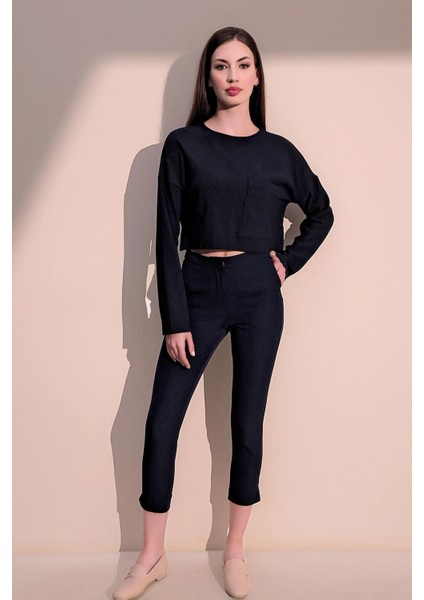 Kadın Lacivert Beli Lastikli Şerit Detaylı Arka ve Yan Cepli Kalem Pantolon modelleri
