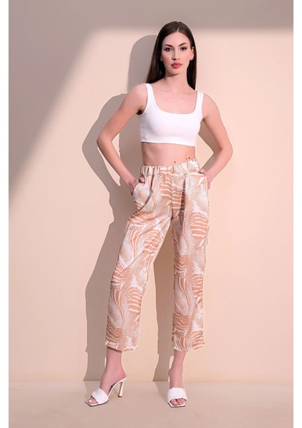 Kadın Bej Rahat Saten Beli Lastikli Safari Desenli Pantolon