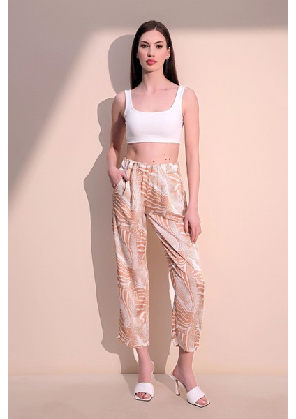 Kadın Bej Rahat Saten Beli Lastikli Safari Desenli Pantolon fırsatları