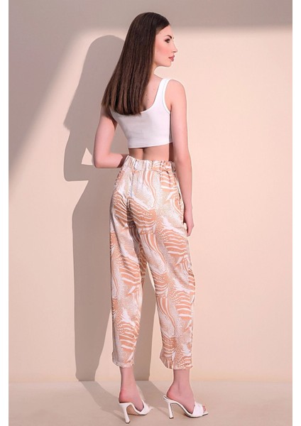 Kadın Bej Rahat Saten Beli Lastikli Safari Desenli Pantolon indirimleri