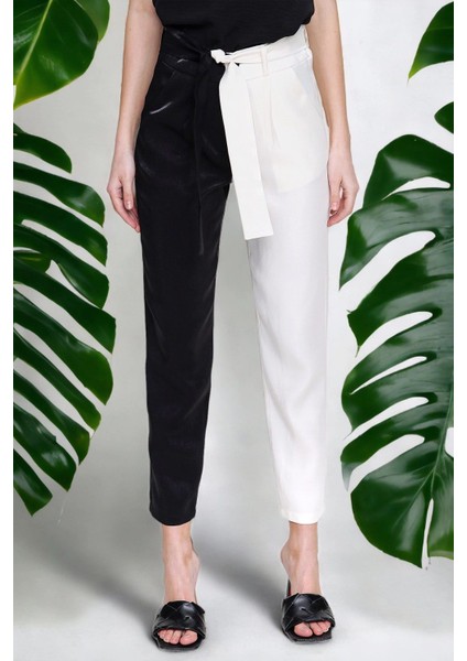 Kadın Siyah Parlak Kaliteli Kumaş Color Block Kemerli Pantolon