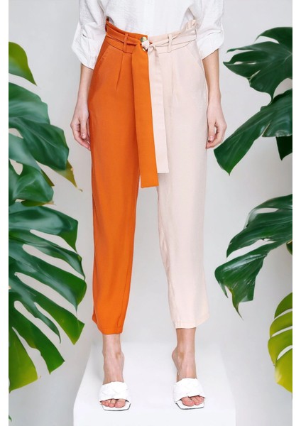 Kadın Turuncu Parlak Kaliteli Kumaş Color Block Kemerli Pantolon