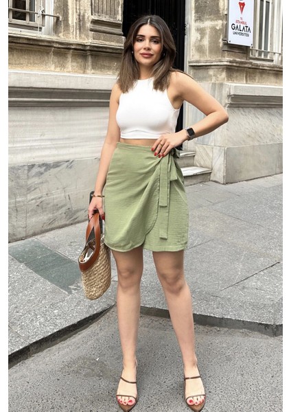 Kadın Haki Çapraz Bağlama Detaylı, Terletmez Pamuklu, Ithal Müslin Kumaş Etek Şort indirimleri