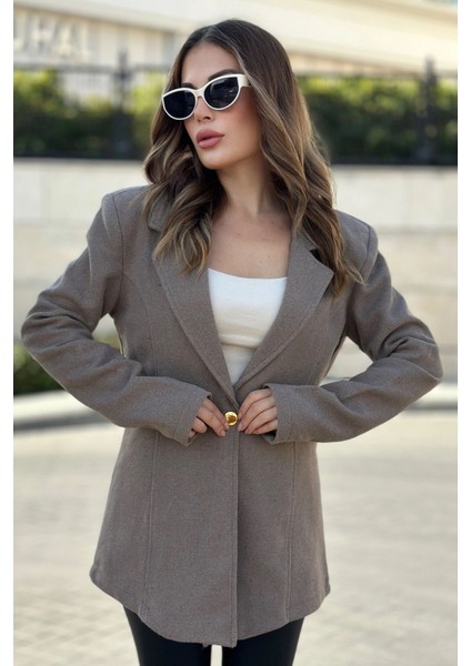 Kadın Vizon Astarlı Tek Düğme Vucüda Oturan Kalıp Fitilli Kaşe Kumaş Blazer Ceket