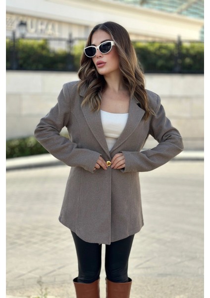 Kadın Vizon Astarlı Tek Düğme Vucüda Oturan Kalıp Fitilli Kaşe Kumaş Blazer Ceket