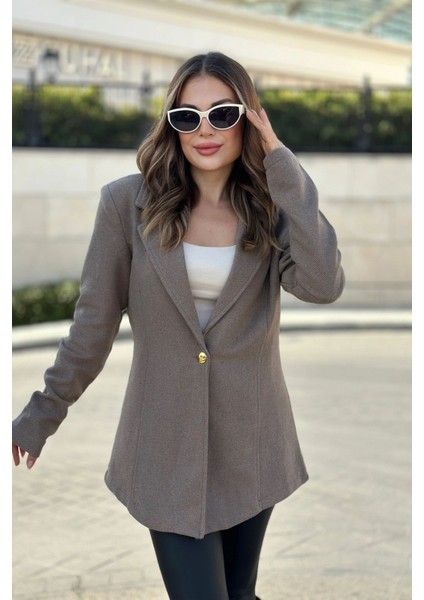 Kadın Vizon Astarlı Tek Düğme Vucüda Oturan Kalıp Fitilli Kaşe Kumaş Blazer Ceket