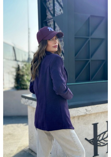 Kadın Mor Astarlı Tek Düğme Vucüda Oturan Kalıp Fitilli Kaşe Kumaş Blazer Ceket