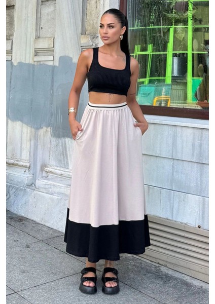 Kadın Bej & Siyah Color Block Desen,beli Şerit Lastikli, Rahat Kalıp, Cepli Uzun Etek