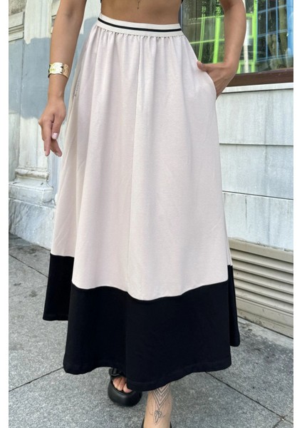 Kadın Bej & Siyah Color Block Desen,beli Şerit Lastikli, Rahat Kalıp, Cepli Uzun Etek fiyatları