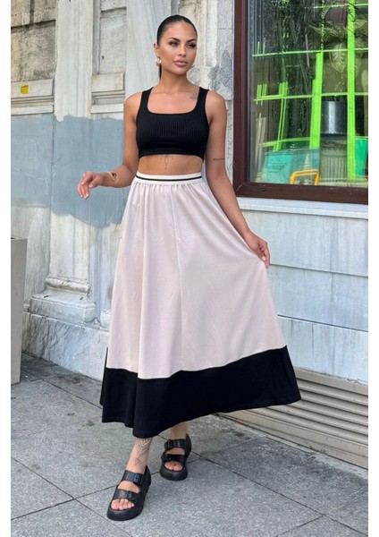 Kadın Bej & Siyah Color Block Desen,beli Şerit Lastikli, Rahat Kalıp, Cepli Uzun Etek modelleri