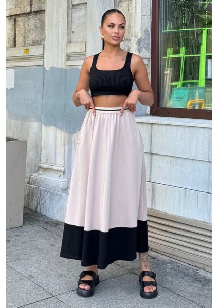 Kadın Bej & Siyah Color Block Desen,beli Şerit Lastikli, Rahat Kalıp, Cepli Uzun Etek fırsatları