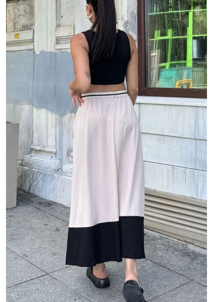 Kadın Bej & Siyah Color Block Desen,beli Şerit Lastikli, Rahat Kalıp, Cepli Uzun Etek indirimleri