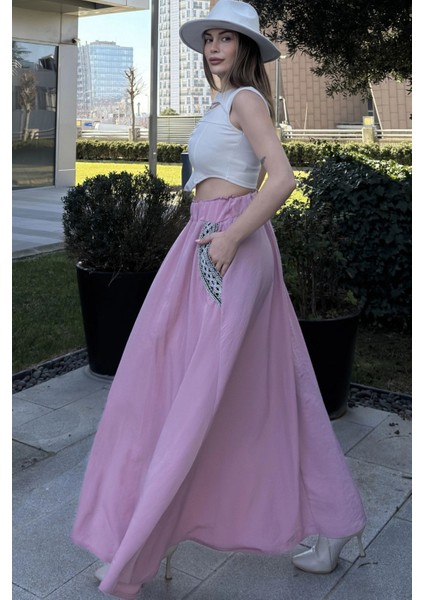 Kadın Pudra Beli Lastikli, Cepleri Hasır Işlemeli, Rahat Kesim, Uzun Kiloş Etek fiyatları