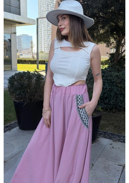 Kadın Pudra Beli Lastikli, Cepleri Hasır Işlemeli, Rahat Kesim, Uzun Kiloş Etek modelleri