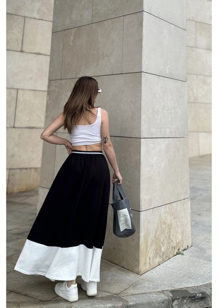 Kadın Siyah & Beyaz Color Block Desen,beli Lastikli, Rahat Kalıp, Cepli Uzun Etek fırsatları