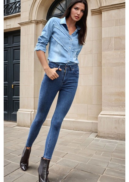 Mavi Yüksek Bel, Toparlayıcı Skinny Kesim, Kot Pantolon