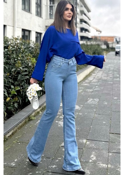 Kadın Mavi Yüksek Bel, Rahat Kesim, Bol Paça Kot Pantolon - Jeans fiyatları