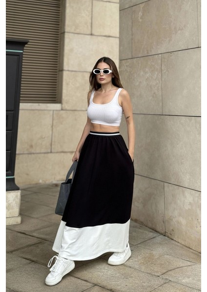 Kadın Siyah & Beyaz Color Block Desen,beli Lastikli, Rahat Kalıp, Cepli Uzun Etek