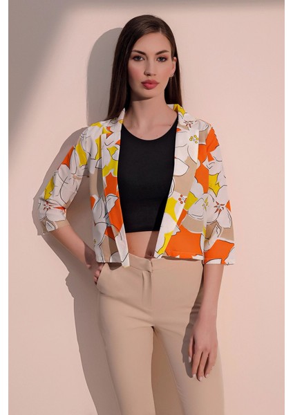 Kadın Turuncu Şık Desenli Poplin Crop Ceket