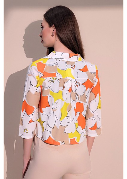 Kadın Turuncu Şık Desenli Poplin Crop Ceket
