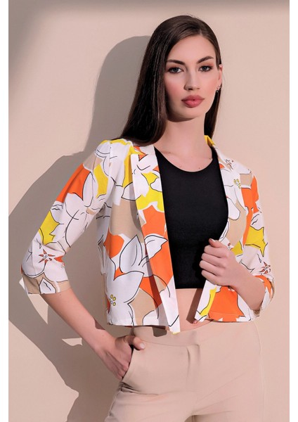 Kadın Turuncu Şık Desenli Poplin Crop Ceket