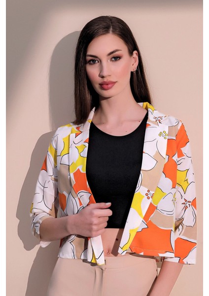 Kadın Turuncu Şık Desenli Poplin Crop Ceket