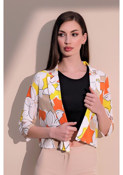 Kadın Turuncu Şık Desenli Poplin Crop Ceket