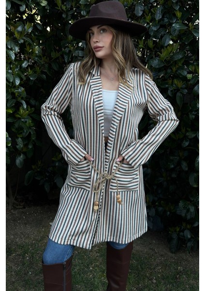 Kadın Somon & Ekru Çizgili, Hasır Ip Kemerli, Iki Cepli, Uzun Keten Ceket