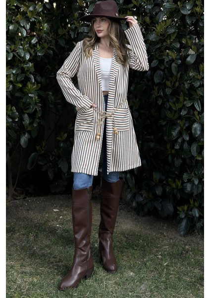 Kadın Somon & Ekru Çizgili, Hasır Ip Kemerli, Iki Cepli, Uzun Keten Ceket fiyatları