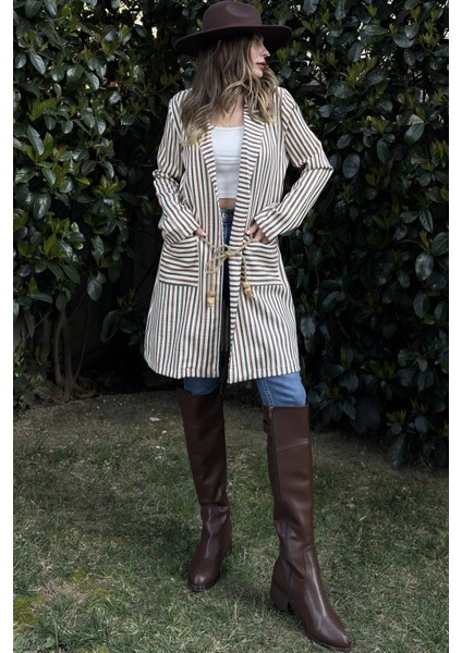 Kadın Somon & Ekru Çizgili, Hasır Ip Kemerli, Iki Cepli, Uzun Keten Ceket modelleri