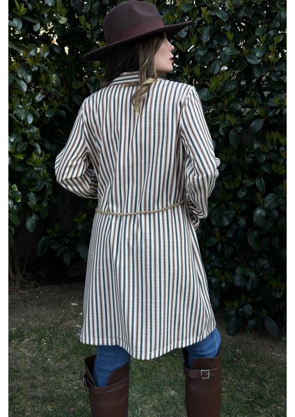 Kadın Somon & Ekru Çizgili, Hasır Ip Kemerli, Iki Cepli, Uzun Keten Ceket fırsatları