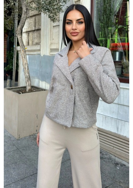 Kahve Kruvaze Yaka, Çift Düğme, Rahat Kalıp, Fitilli Kaşe Kumaş Ceket