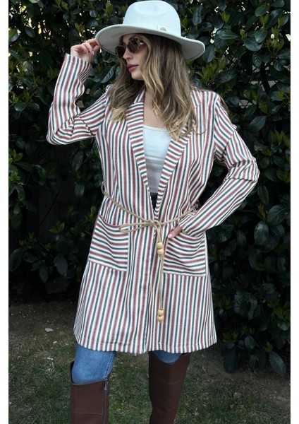 Kadın Kiremit & Ekru Çizgili, Hasır Ip Kemerli, Iki Cepli, Uzun Keten Ceket