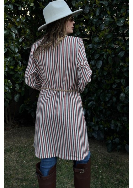 Kadın Kiremit & Ekru Çizgili, Hasır Ip Kemerli, Iki Cepli, Uzun Keten Ceket fırsatları