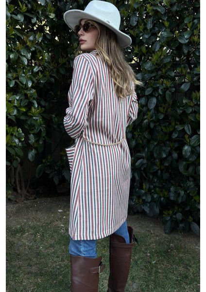 Kadın Kiremit & Ekru Çizgili, Hasır Ip Kemerli, Iki Cepli, Uzun Keten Ceket indirimleri