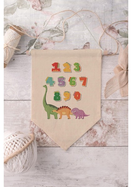 Çocuk Odası Dekor, Duvar Süsü, Ahşap Bebek Odası Dekor, Canvas Flama, Dinozorlu Sayılar
