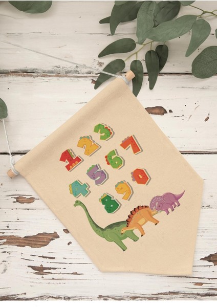 Çocuk Odası Dekor, Duvar Süsü, Ahşap Bebek Odası Dekor, Canvas Flama, Dinozorlu Sayılar