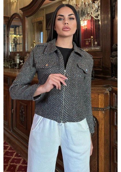 Kahve Balıksırtı Desenli, Fermuarlı, Kısa Kaşe Ceket