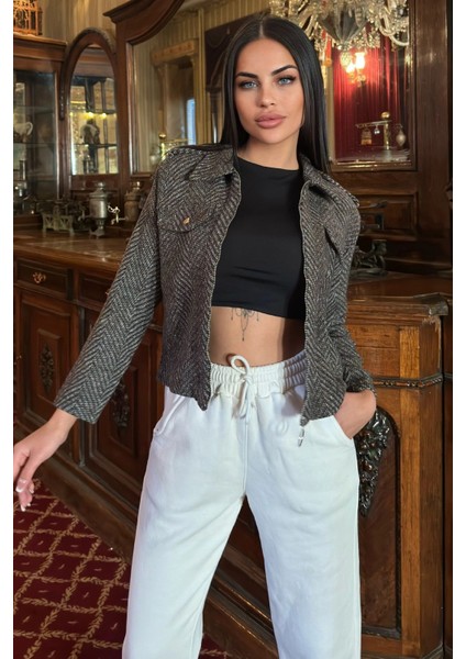 Kahve Balıksırtı Desenli, Fermuarlı, Kısa Kaşe Ceket fiyatları