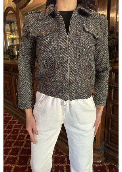 Kahve Balıksırtı Desenli, Fermuarlı, Kısa Kaşe Ceket fırsatları