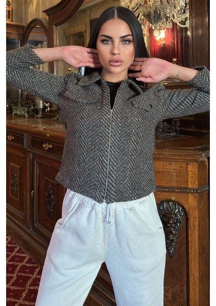 Kahve Balıksırtı Desenli, Fermuarlı, Kısa Kaşe Ceket indirimleri