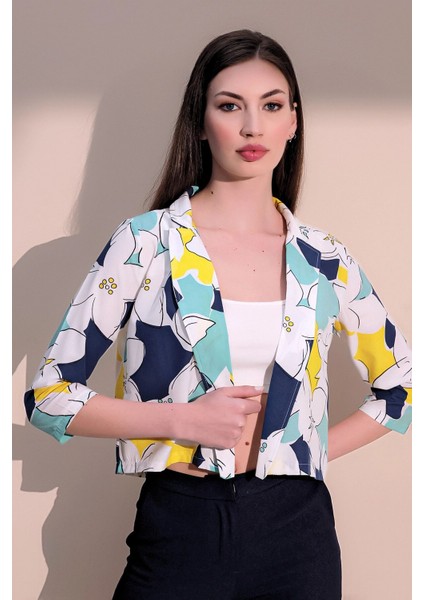 Kadın Sarı & Lacivert Şık Desenli Poplin Crop Ceket