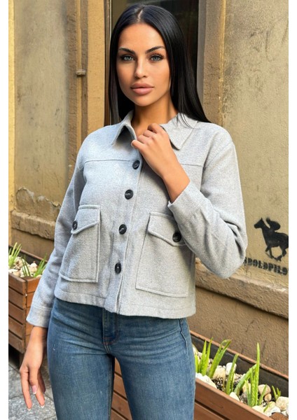 Gri Çift Cepli, Düğmeli Kaşe Ceket