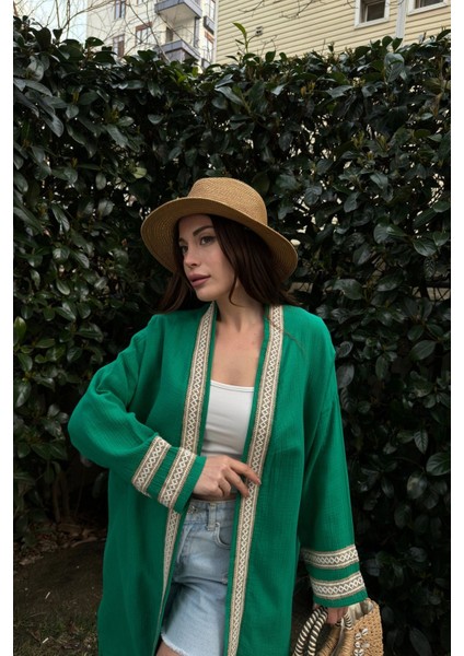 Kadın Yeşil Müslin Kumaş, Hasır Şerit Detaylı Salaş Kimono Ceket modelleri