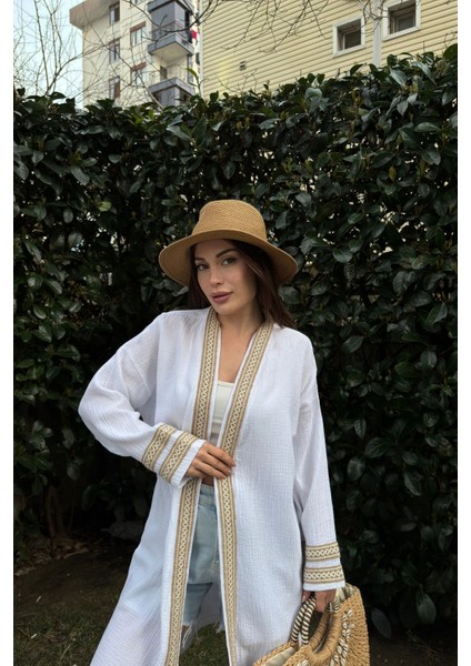 Kadın Beyaz Müslin Kumaş, Hasır Şerit Detaylı Salaş Kimono Ceket modelleri