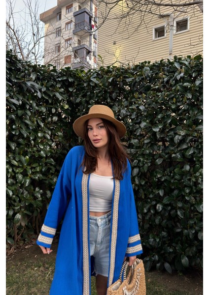 Kadın Saks Müslin Kumaş, Hasır Şerit Detaylı Salaş Kimono Ceket fiyatları